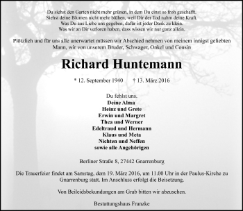 Todesanzeige von Richard Huntemann von Trauer.de