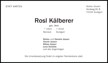 Todesanzeige von Rosl Kälberer von Trauer.de