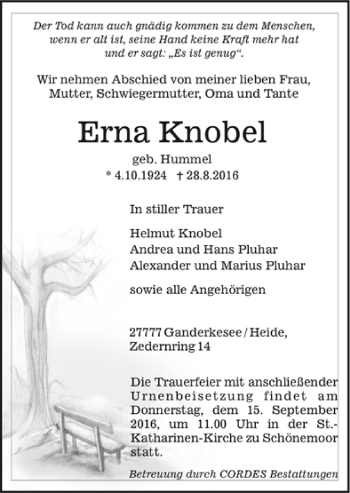 Todesanzeige von Erna Knobel von Trauer.de