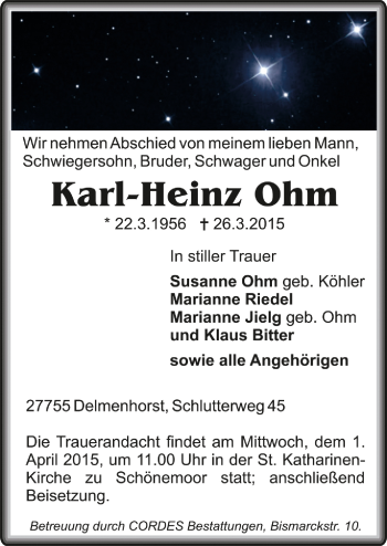 Todesanzeige von Karl-Heinz Ohm von Trauer.de
