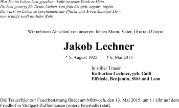 Todesanzeige von Jakob Lechner von Trauer.de