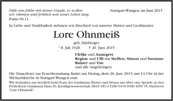 Todesanzeige von Lore Ohnmeiß von Trauer.de