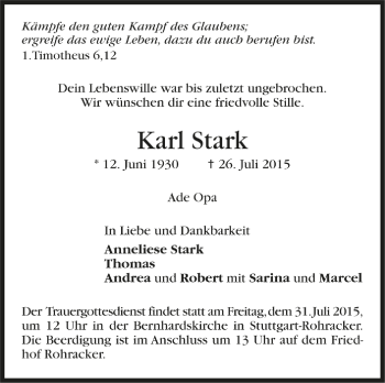 Todesanzeige von Karl Stark von Trauer.de