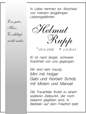 Todesanzeige von Helmut Rupp von Trauer.de