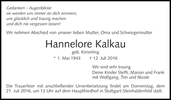 Todesanzeige von Hannelore Kalkau von Trauer.de
