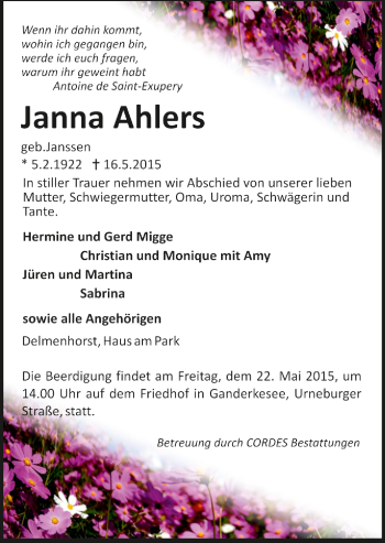 Todesanzeige von Janna Ahlers von Trauer.de