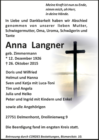 Todesanzeige von Anna Langner von Trauer.de