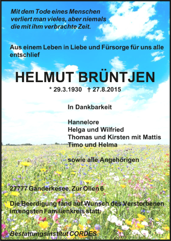 Todesanzeige von Helmut Brüntjen von Trauer.de