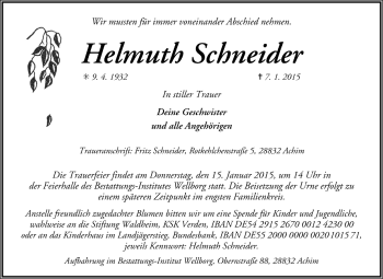 Todesanzeige von Helmuth Schneider von Trauer.de