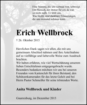 Todesanzeige von Erich Wellbrock von Trauer.de
