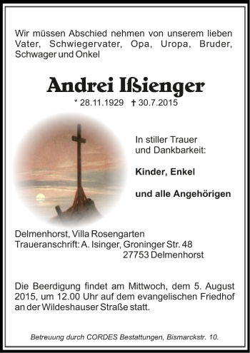 Todesanzeige von Andrei Ißienger von Trauer.de