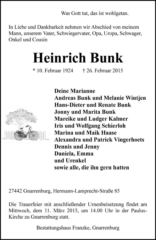  Traueranzeige für Heinrich Bunk vom 04.03.2015 aus Trauer.de