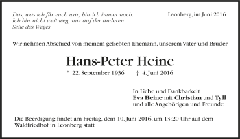 Todesanzeige von Hans-Peter Heine von Trauer.de