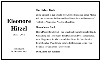 Todesanzeige von Eleonore Hitzel von Trauer.de