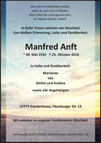 Todesanzeige von Manfred Anft von Trauer.de