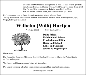 Todesanzeige von Wilhelm Hartjen von Trauer.de