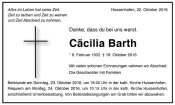 Todesanzeige von Cäcilia Barth von Trauer.de