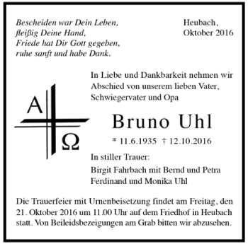 Todesanzeige von Bruno Uhl von Trauer.de