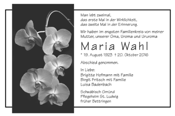 Todesanzeige von Maria Wahl von Trauer.de
