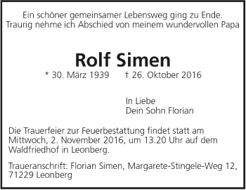 Todesanzeige von Rolf Simen von Trauer.de