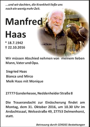 Todesanzeige von Manfred Haas von Trauer.de