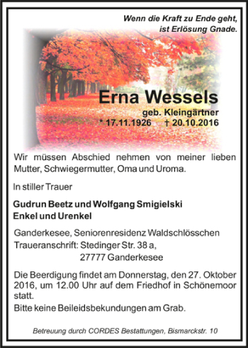 Todesanzeige von Emma Wessels von Trauer.de
