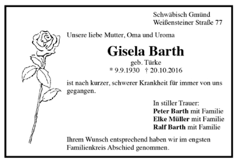  Traueranzeige für Gisela Barth vom 21.10.2016 aus Trauer.de