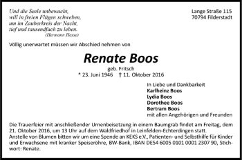 Todesanzeige von Renate Boos von Trauer.de