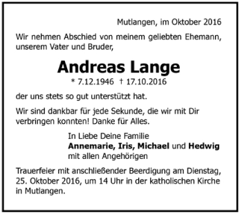 Todesanzeige von Andreas  Lange von Trauer.de