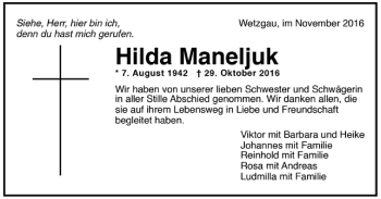 Todesanzeige von Hilda Maneljuk von Trauer.de