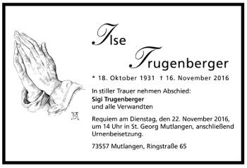 Todesanzeige von Ilse Trugenberger von Trauer.de