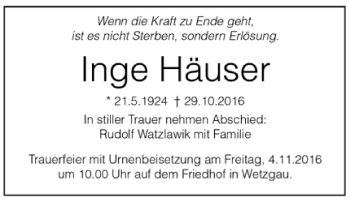 Todesanzeige von Inge  Häuser von Trauer.de