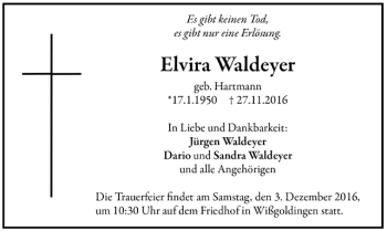 Todesanzeige von Elvira Waldeyer von Trauer.de