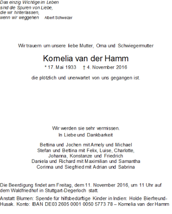 Todesanzeige von Kornelia van der Hamm von Trauer.de