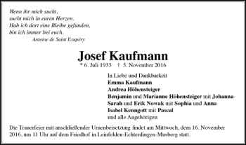 Todesanzeige von Josef Kaufmann von Trauer.de