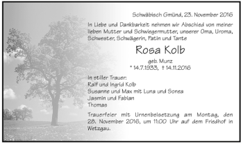 Todesanzeige von Rosa Kolb von Trauer.de