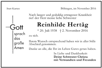 Todesanzeige von Reinhilde Hertäg von Trauer.de