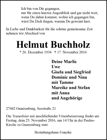 Todesanzeige von Helmut Buchholz von Trauer.de