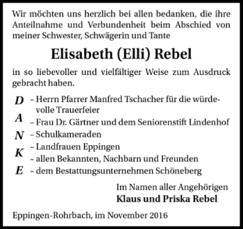 Todesanzeige von Elisabeth Rebel von Trauer.de