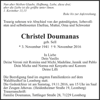 Todesanzeige von Christel Doumanas von Trauer.de