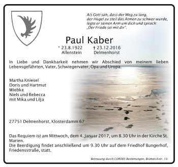 Todesanzeige von Paul Kaber von Trauer.de