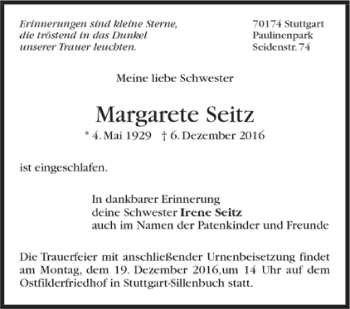 Todesanzeige von Margarete Seitz von Trauer.de