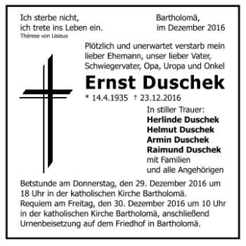 Todesanzeige von Ernst Duschek von Trauer.de