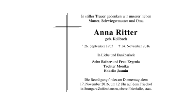 Todesanzeige von Anna Ritter von Trauer.de