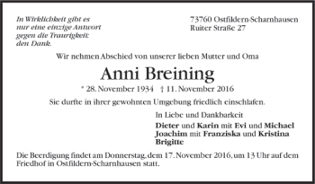 Todesanzeige von Anni Breining von Trauer.de