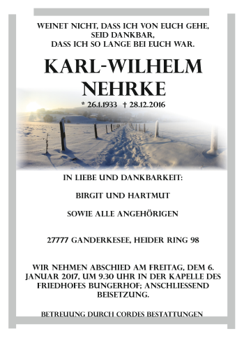 Todesanzeige von Karl-Wilhelm Nehrke von Trauer.de
