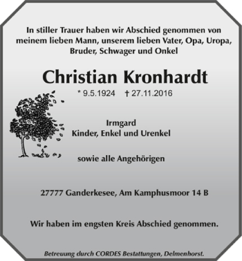 Todesanzeige von Christian Kronhardt von Trauer.de