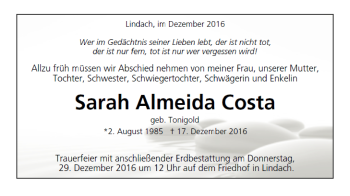 Todesanzeige von Sarah Almeida Costa von Trauer.de