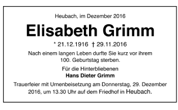 Todesanzeige von Elisabeth Grimm von Trauer.de