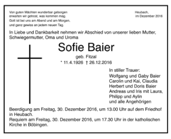 Todesanzeige von Sofie Baier von Trauer.de